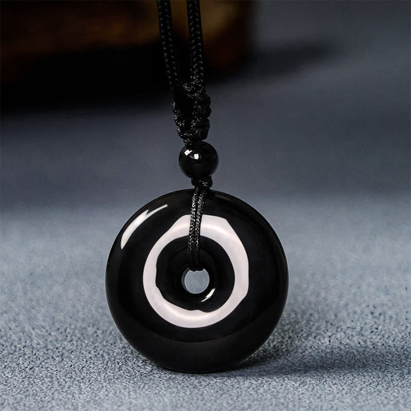 Black Obsidian Peace Buckle Pendant Necklace 50cm Rope