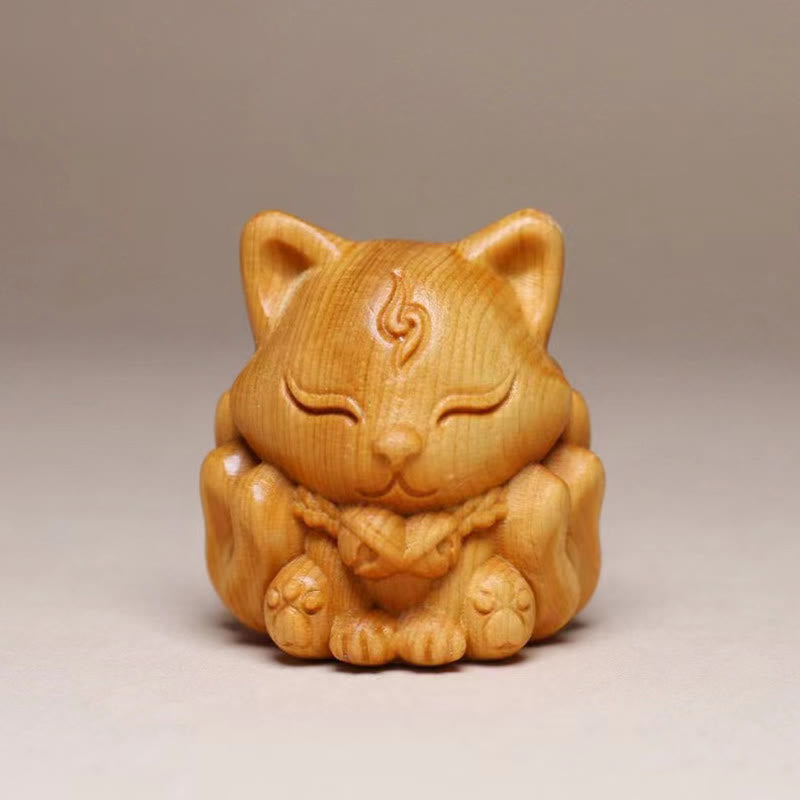Nine-Tailed Fox Thuja Sutchuenensis Wood Spiritual Animal Figurine 4cm