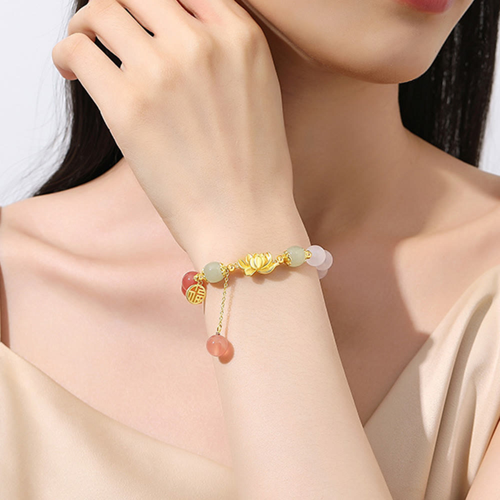 Hetian Jade Bracelet with Agate & Lotus Symbols of Fortune