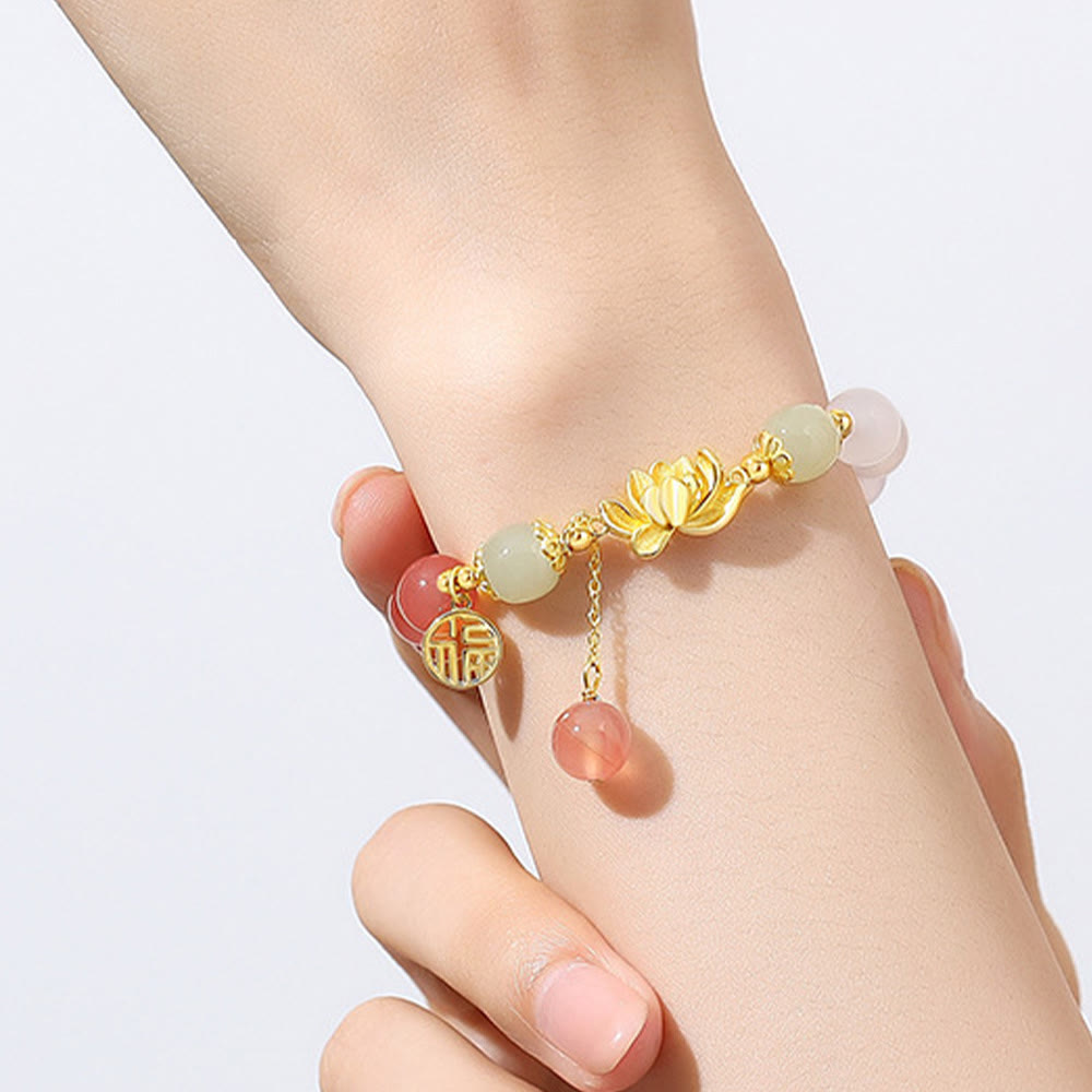 Hetian Jade Bracelet with Agate & Lotus Symbols of Fortune