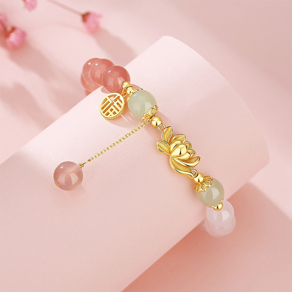 Hetian Jade Bracelet with Agate & Lotus Symbols of Fortune