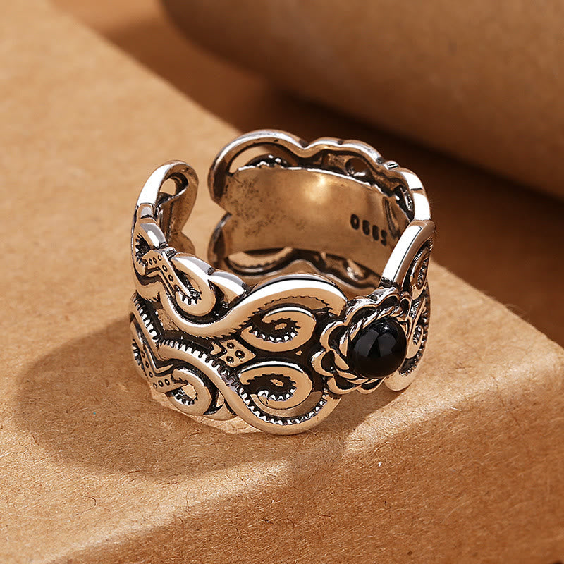 Adjustable Black Onyx Protection Fortune Ring Copper Band