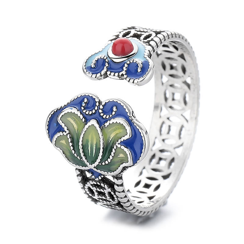 Adjustable Copper Lotus Flower Ring with Ruyi Handle Symbol