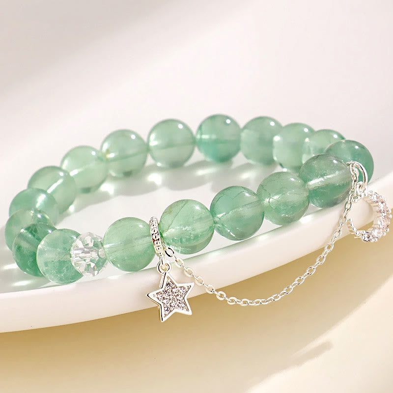10mm Green Fluorite Peace Bracelet with Moon & Star Charms