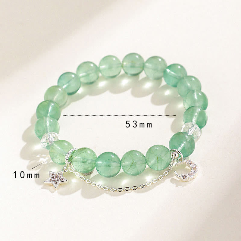10mm Green Fluorite Peace Bracelet with Moon & Star Charms