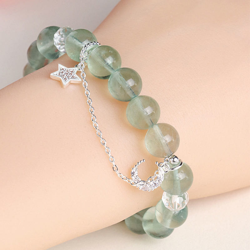 10mm Green Fluorite Peace Bracelet with Moon & Star Charms