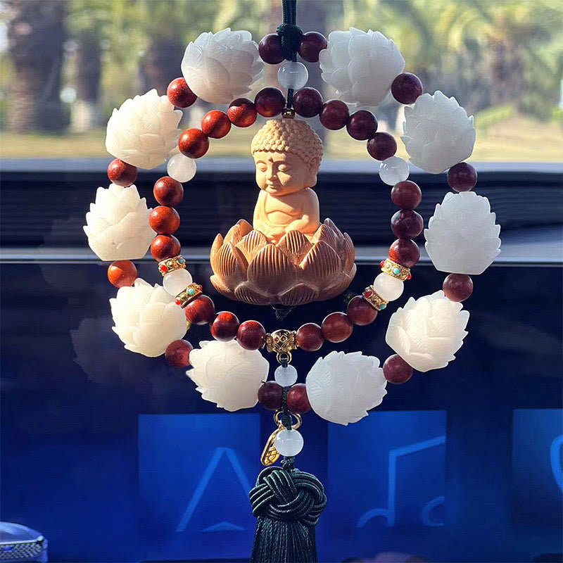 Cinnabar & Boxwood Buddha Lotus Car Hanging Decoration
