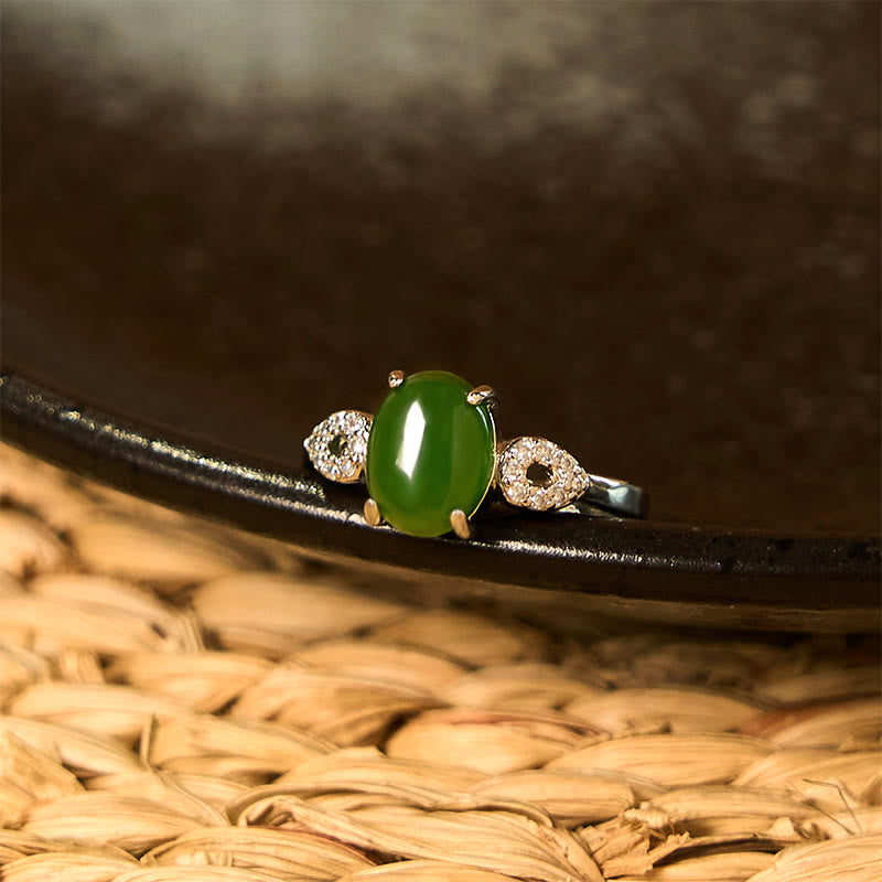 Adjustable Jade Prosperity Ring 8x10mm with Buckle, Gold or Silver