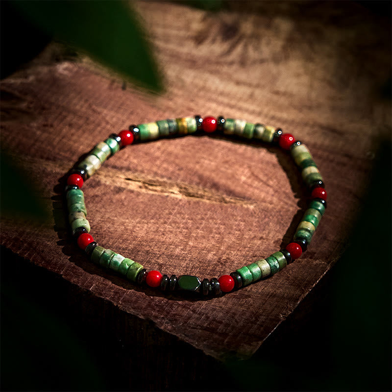 4.2mm Green Stone Hematite Red Coral Power Bracelet