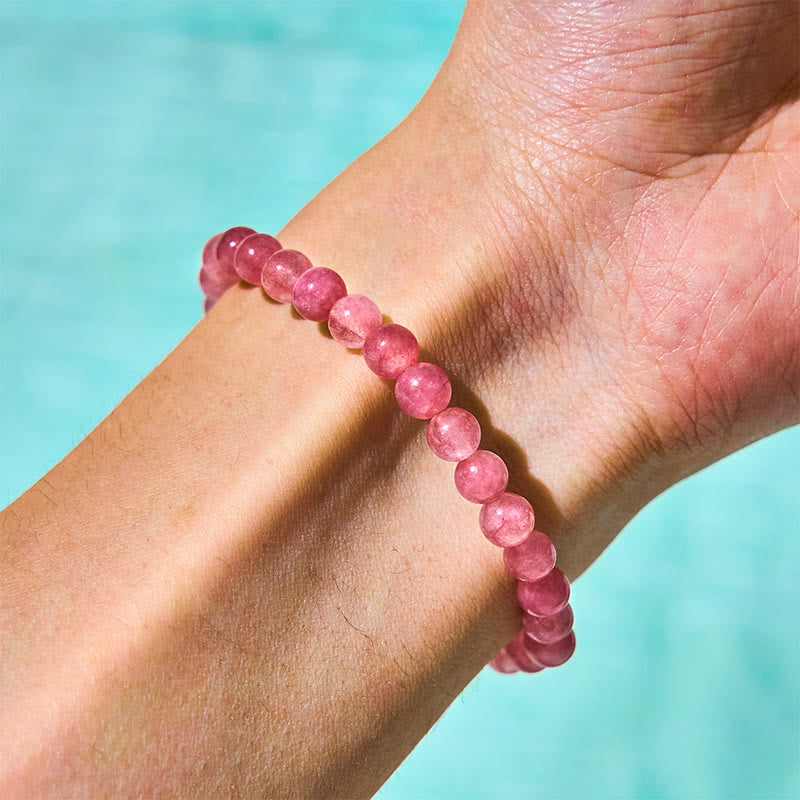 6mm Strawberry Quartz Healing Bracelet with Pearl Cat or Rabbit Charm