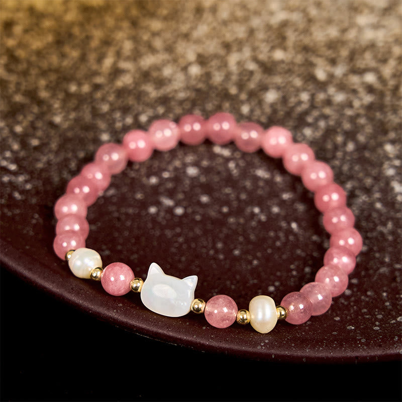 6mm Strawberry Quartz Healing Bracelet with Pearl Cat or Rabbit Charm