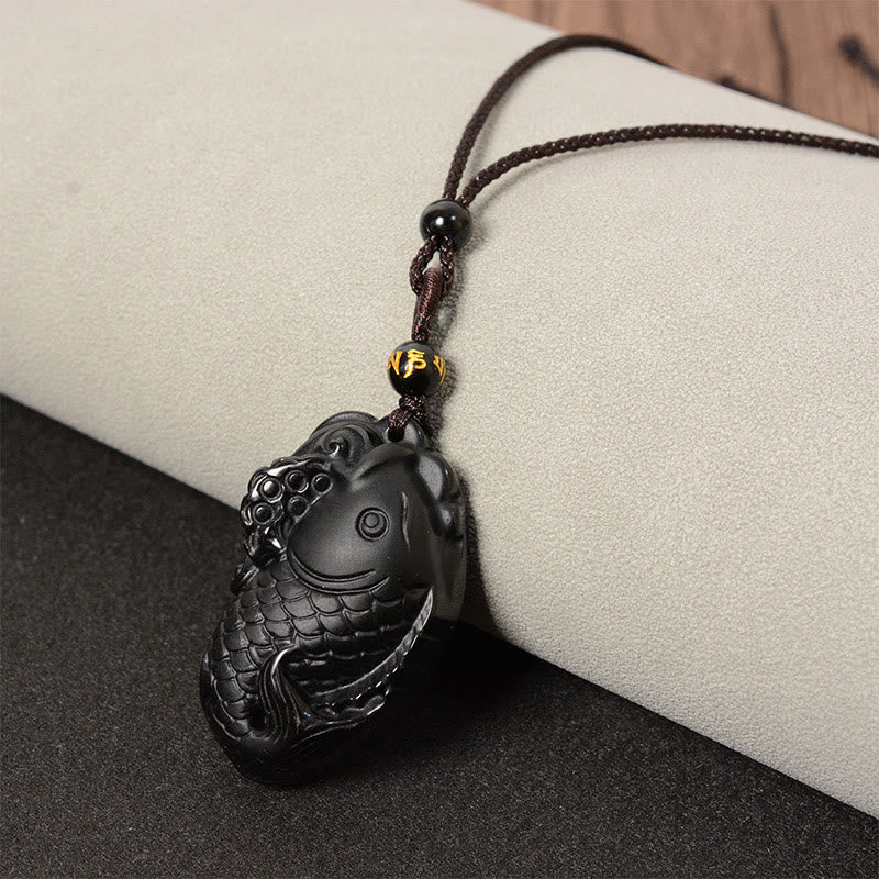 Black Obsidian Necklace Pendant with Amphioxus Symbol for Strength