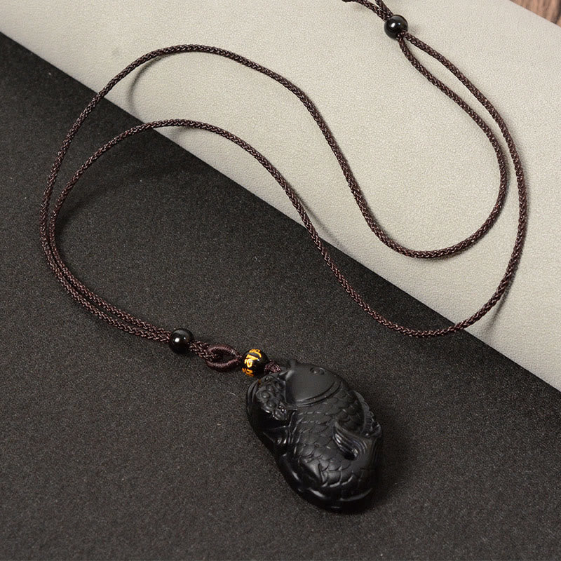 Black Obsidian Necklace Pendant with Amphioxus Symbol for Strength