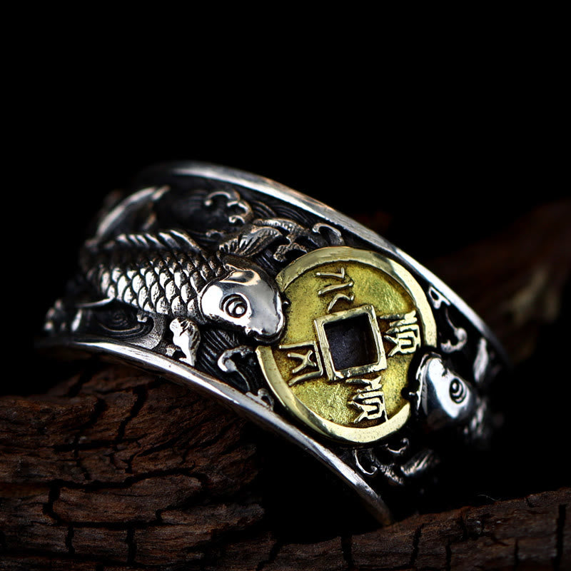 Adjustable Sterling Silver Koi Fish Ring for Luck