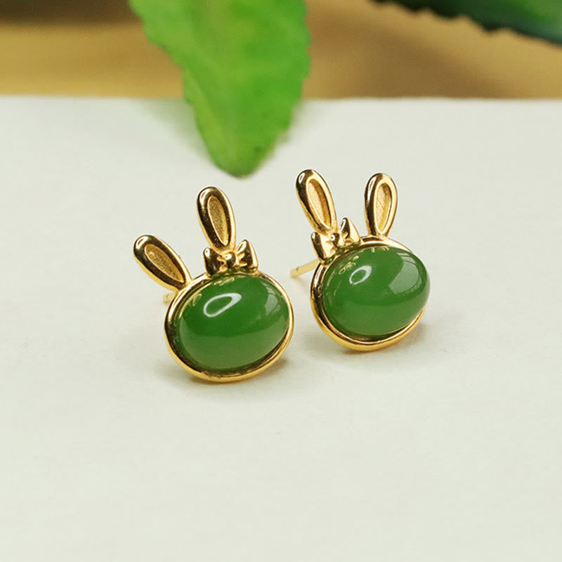Sterling Silver Hetian Cyan Jade Rabbit Stud Earrings