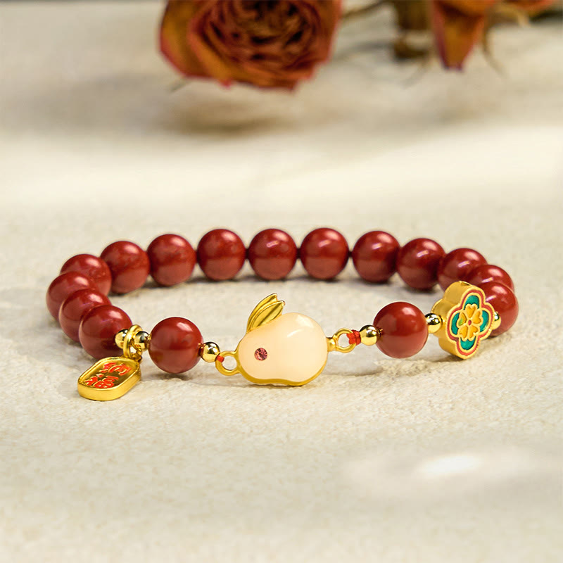 6mm Cinnabar Fu Character Beaded Lotus Bracelet