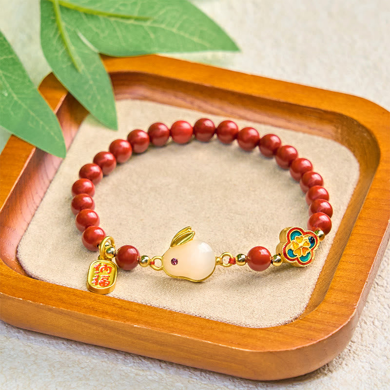 6mm Cinnabar Fu Character Beaded Lotus Bracelet