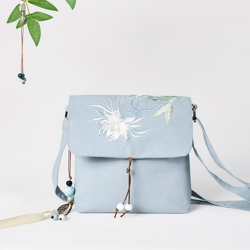 LightBlue Epiphyllum Cotton Linen Spiritual Shoulder Bag