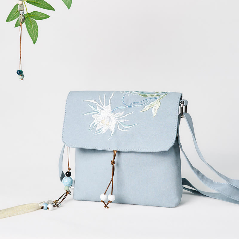 LightBlue Epiphyllum Cotton Linen Spiritual Shoulder Bag