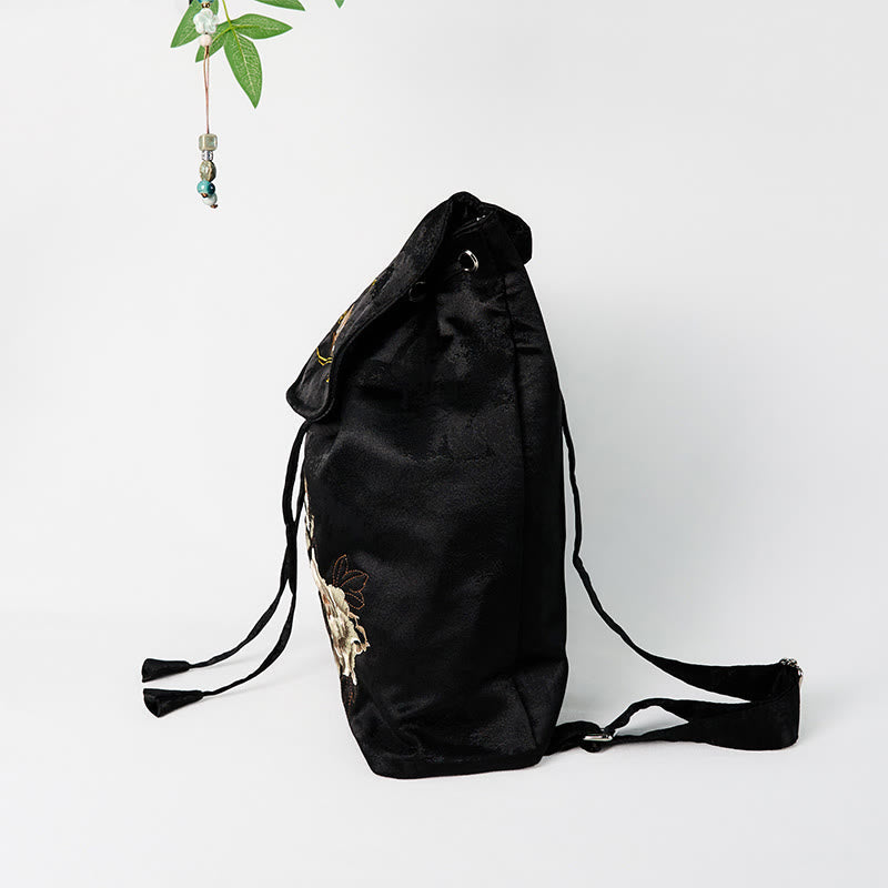 Spacious Black Peony Embroidered Backpack for Spiritual Accessories