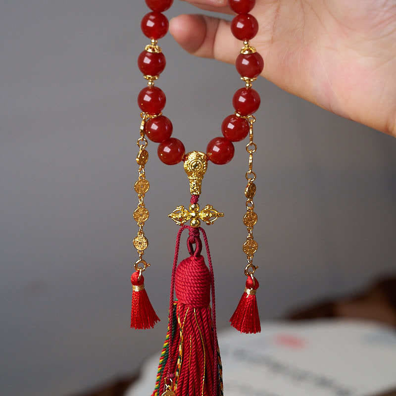 Red Agate 18-Beads Copper Coins Wrist Mala for Calm and Confidence