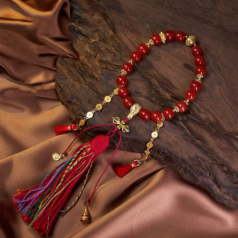 Red Agate 18-Beads Copper Coins Wrist Mala for Calm and Confidence