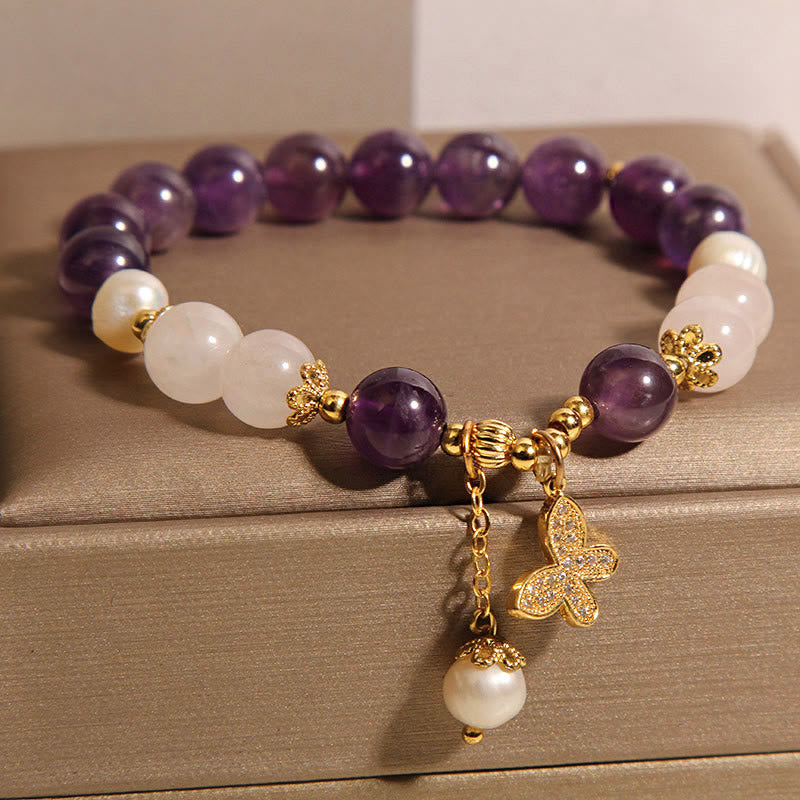 Amethyst Perlenkristall Spirituelles Schmetterlings-Charm-Armband
