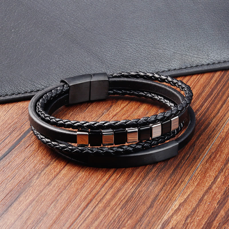 Black Multi-layer Titanium Steel Leather Spiritual Bracelet for Calm