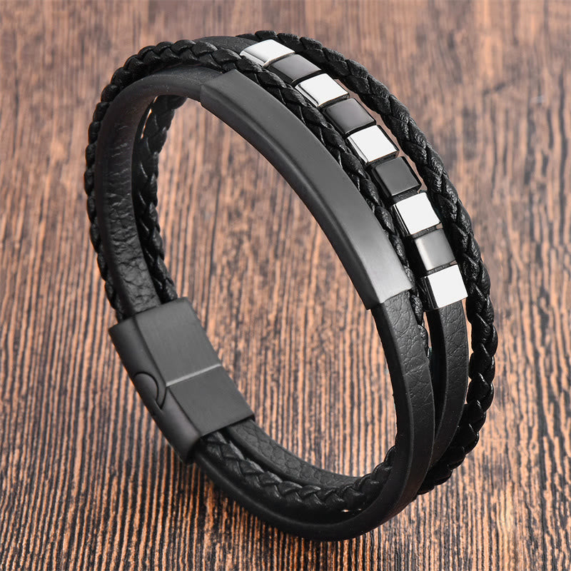 Black Multi-layer Titanium Steel Leather Spiritual Bracelet for Calm
