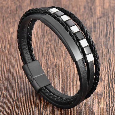 Black Multi-layer Titanium Steel Leather Spiritual Bracelet for Calm
