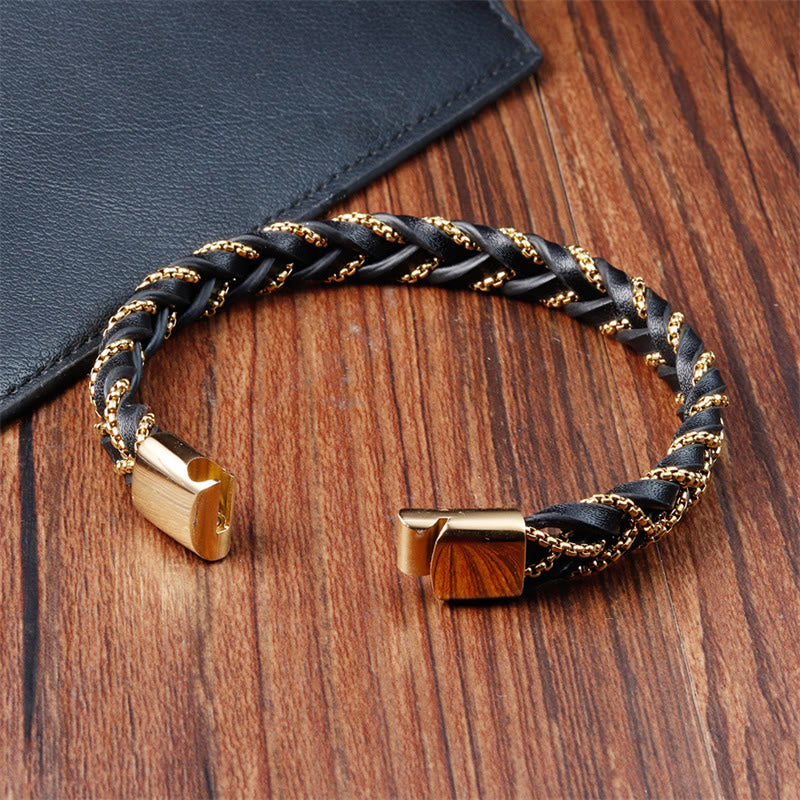 Titanium Steel Calm Spiritual Bracelet with Braided Leather