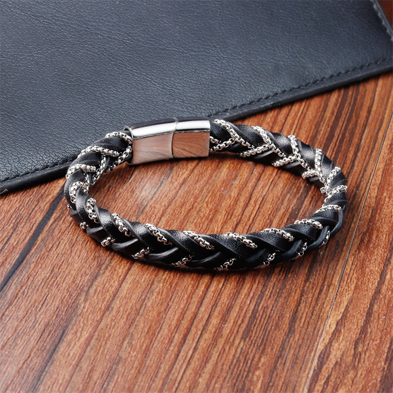 Titanium Steel Calm Spiritual Bracelet with Braided Leather