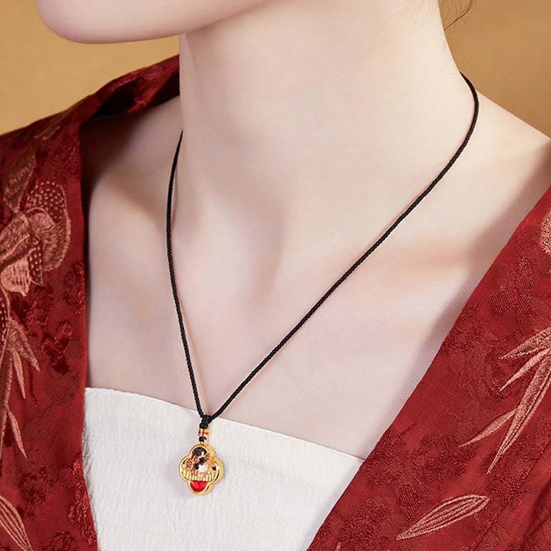 925 Sterling Silber Pflaumenblüte Katze Vierblättriges Kleeblatt Segen Halskette