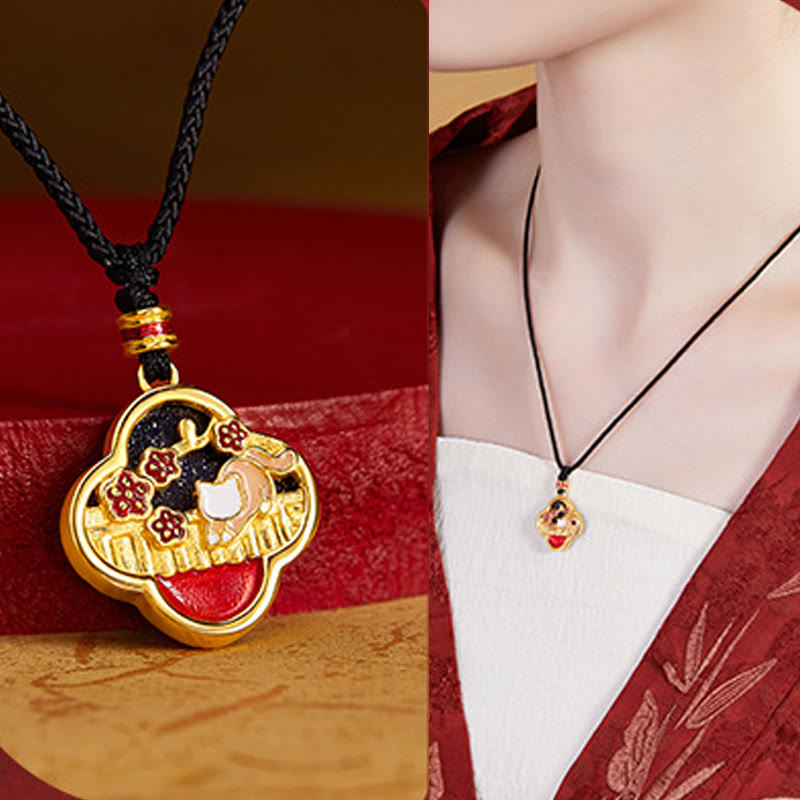 925 Sterling Silber Pflaumenblüte Katze Vierblättriges Kleeblatt Segen Halskette