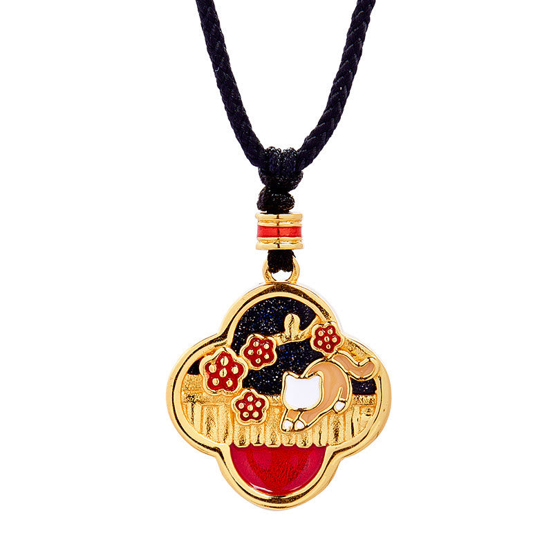 925 Sterling Silber Pflaumenblüte Katze Vierblättriges Kleeblatt Segen Halskette