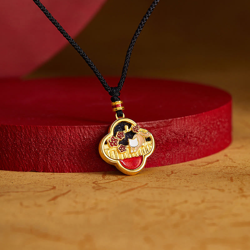 925 Sterling Silber Pflaumenblüte Katze Vierblättriges Kleeblatt Segen Halskette