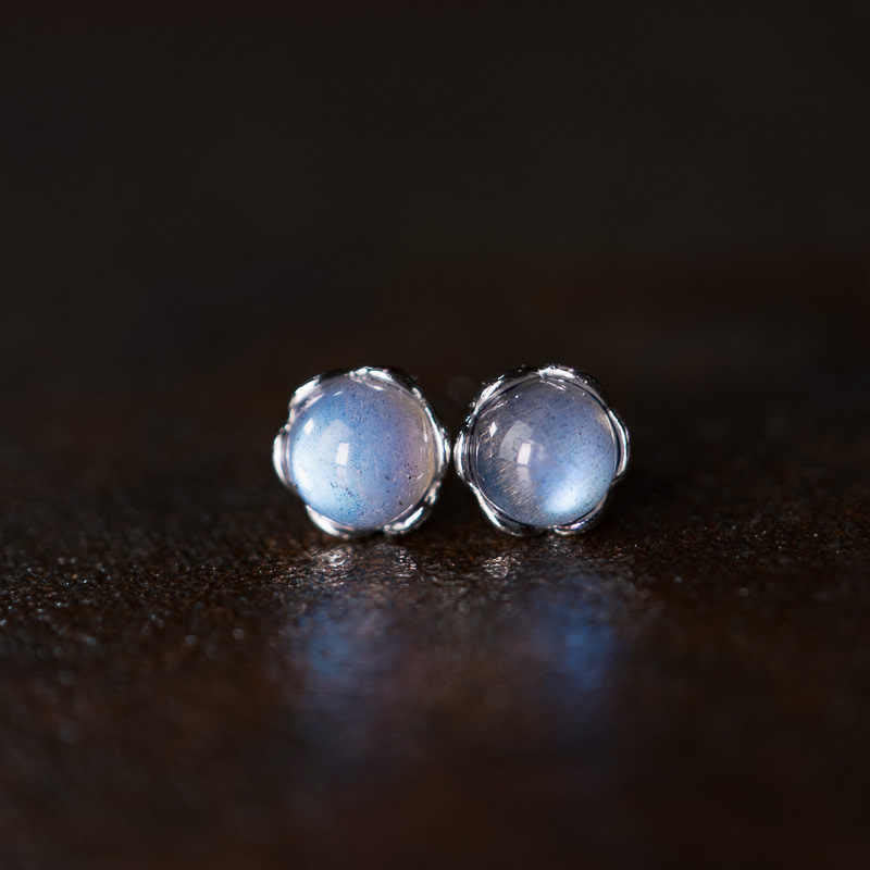 6mm Moonstone Earrings in 925 Sterling Silver for Positive Energy