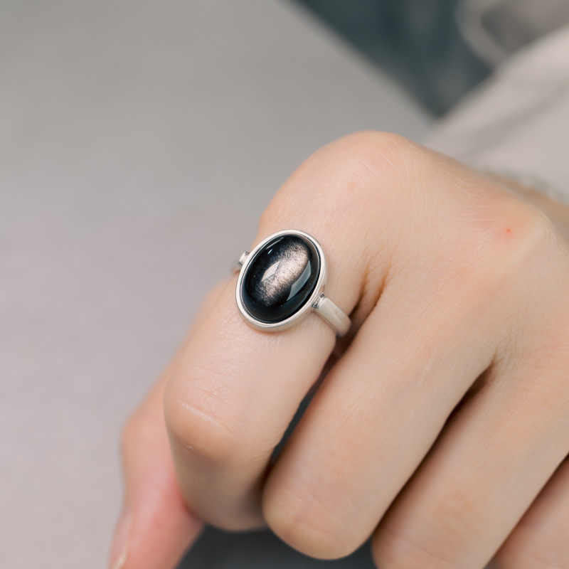 Silver Sheen Obsidian Adjustable Protection Ring 16x12mm