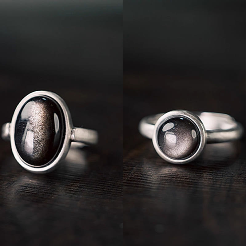 Silver Sheen Obsidian Adjustable Protection Ring 16x12mm