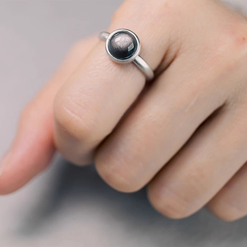 Silver Sheen Obsidian Adjustable Protection Ring 16x12mm