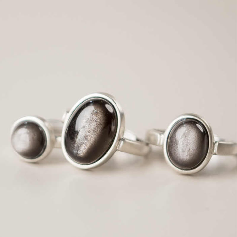 Silver Sheen Obsidian Adjustable Protection Ring 16x12mm