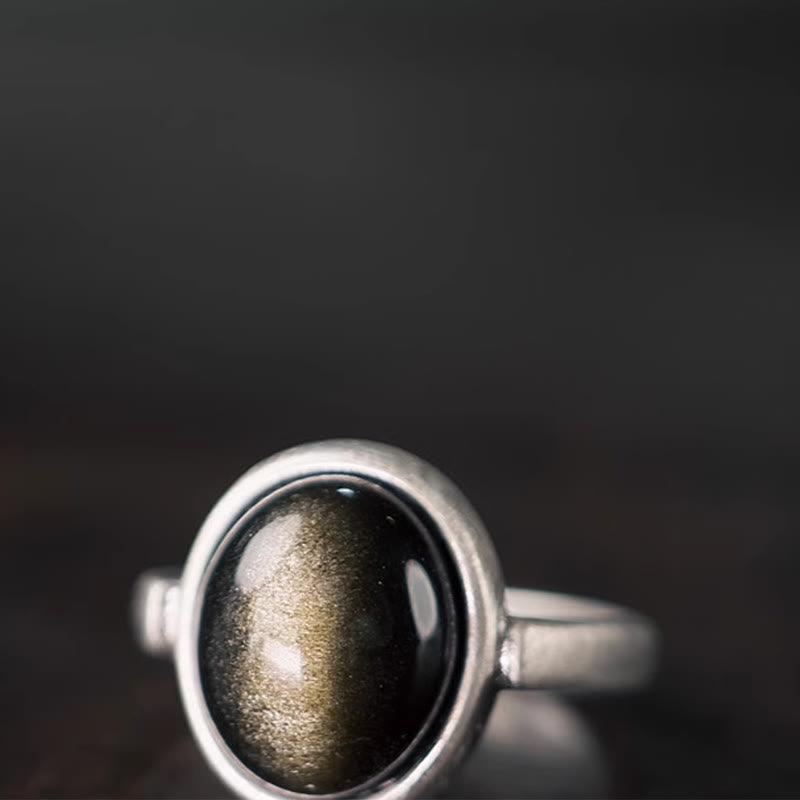 Gold Sheen Obsidian Adjustable Ring 16x12mm for Wealth Protection