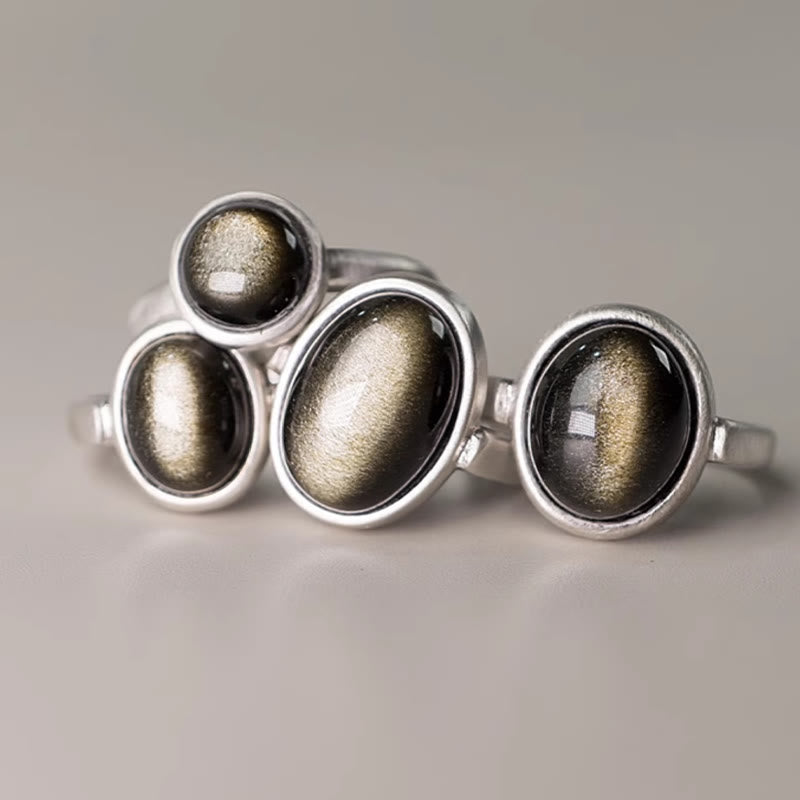 Gold Sheen Obsidian Adjustable Ring 16x12mm for Wealth Protection