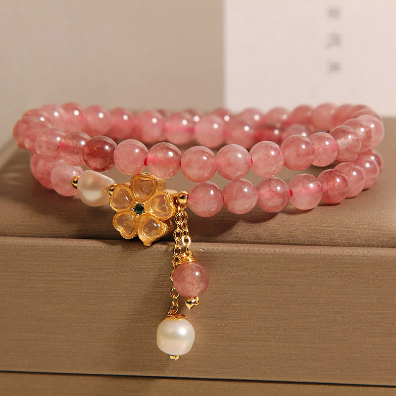 6mm Strawberry Quartz Positive Four Leaf Clover Bracelet