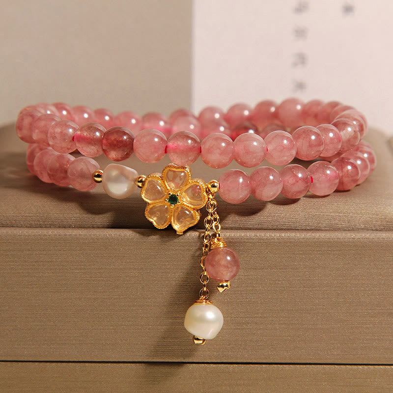 6mm Strawberry Quartz Positive Four Leaf Clover Bracelet