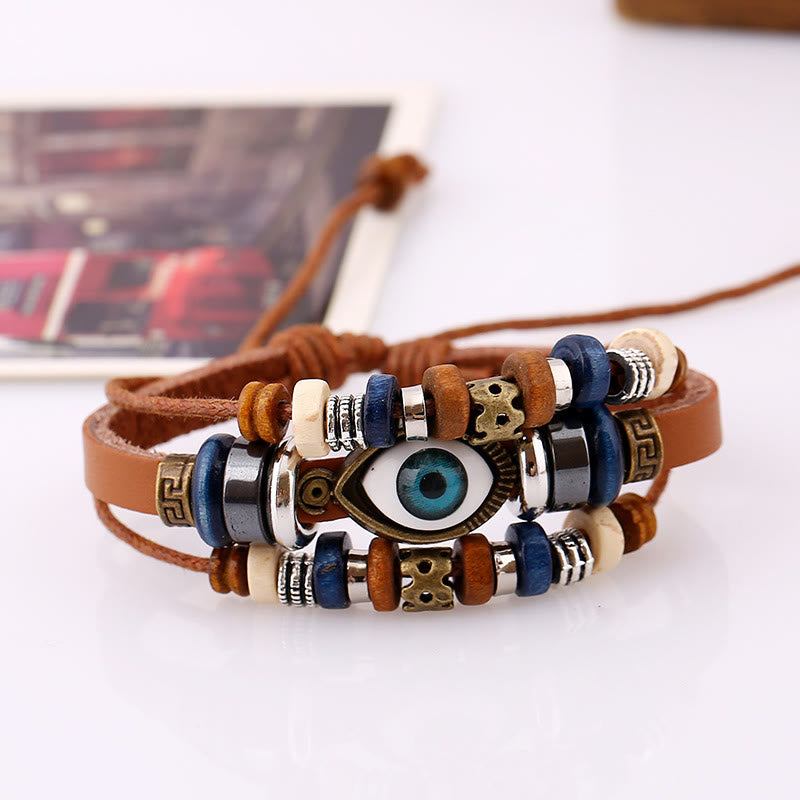 Unisex Evil Eye Protection Leather Bracelet Adjustable