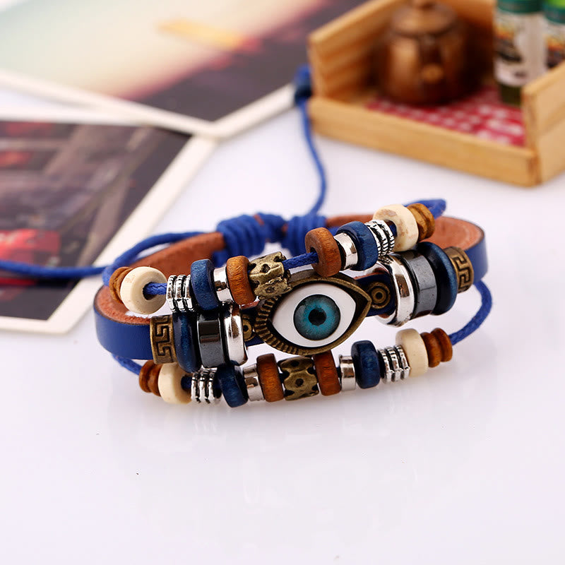 Unisex Evil Eye Protection Leather Bracelet Adjustable