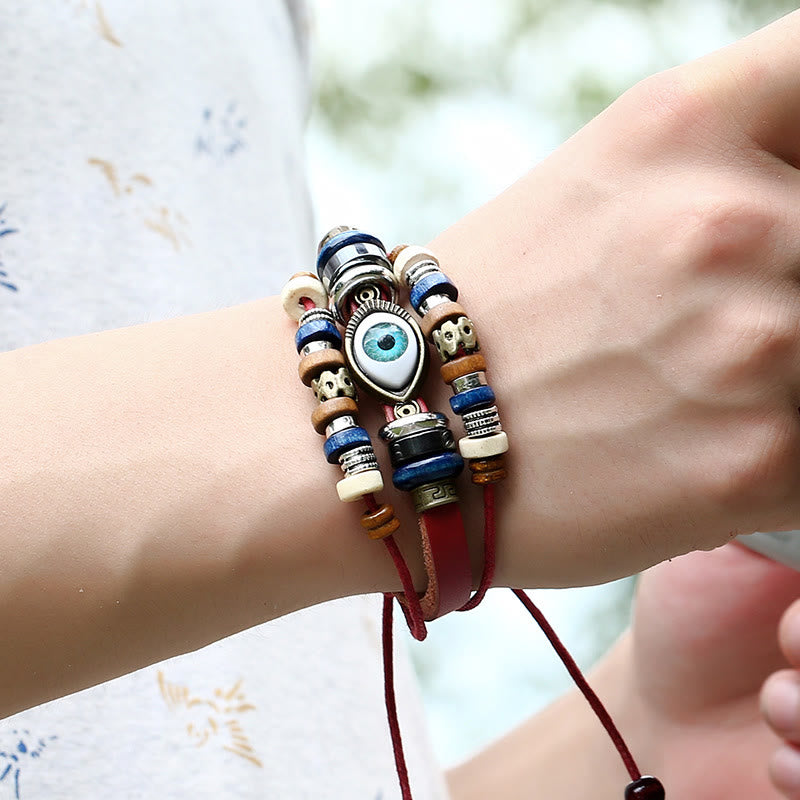 Unisex Evil Eye Protection Leather Bracelet Adjustable