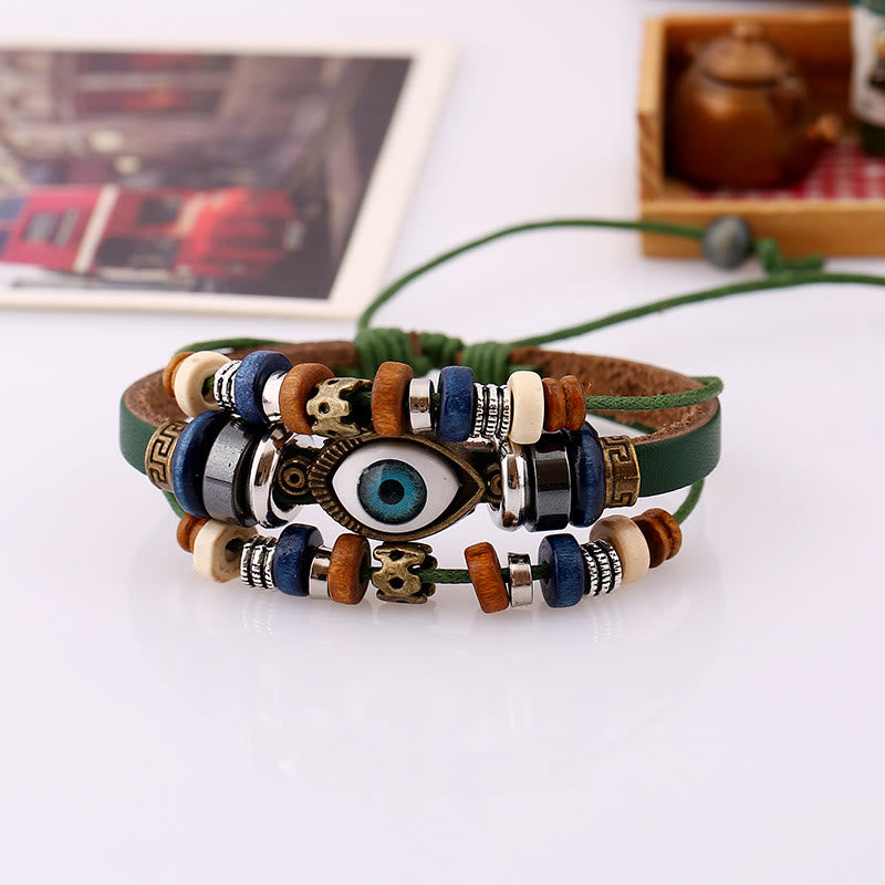Unisex Evil Eye Protection Leather Bracelet Adjustable
