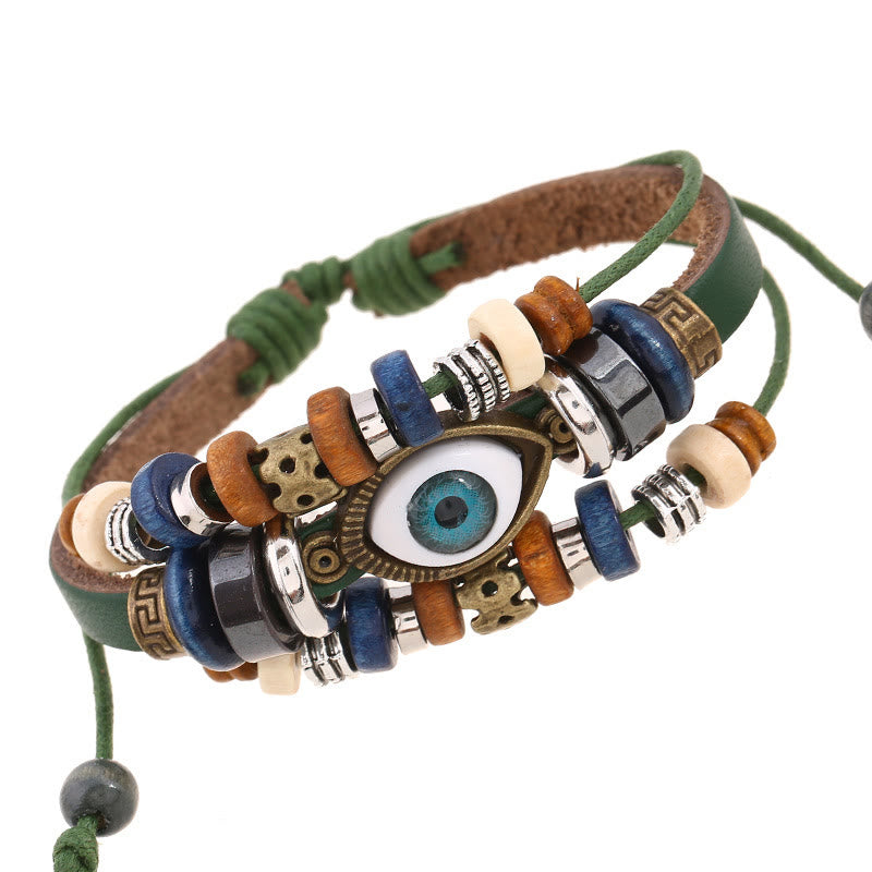 Unisex Evil Eye Protection Leather Bracelet Adjustable